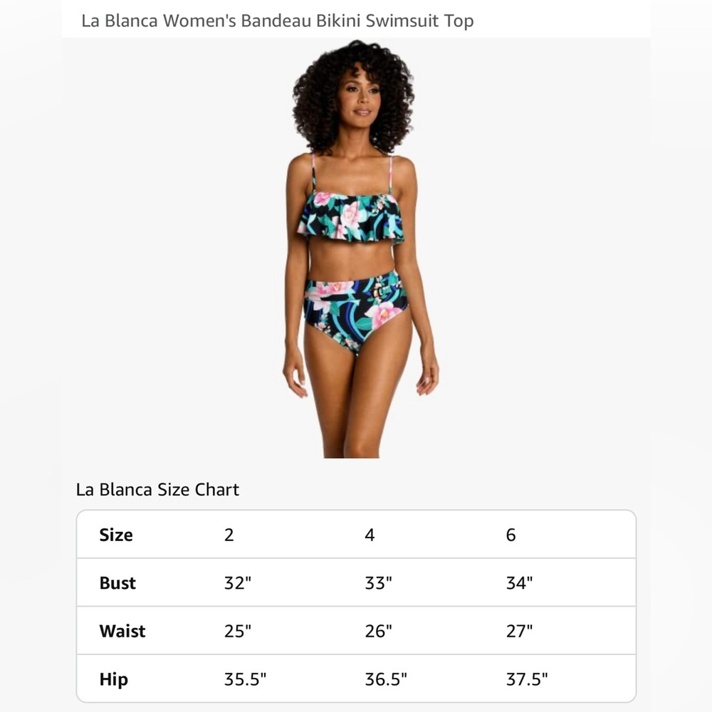 NWT $83 La Blanca Tropical Bandeau Bikini Swim Swimsuit Top 4 XS Black Floral - Picture 2 of 16